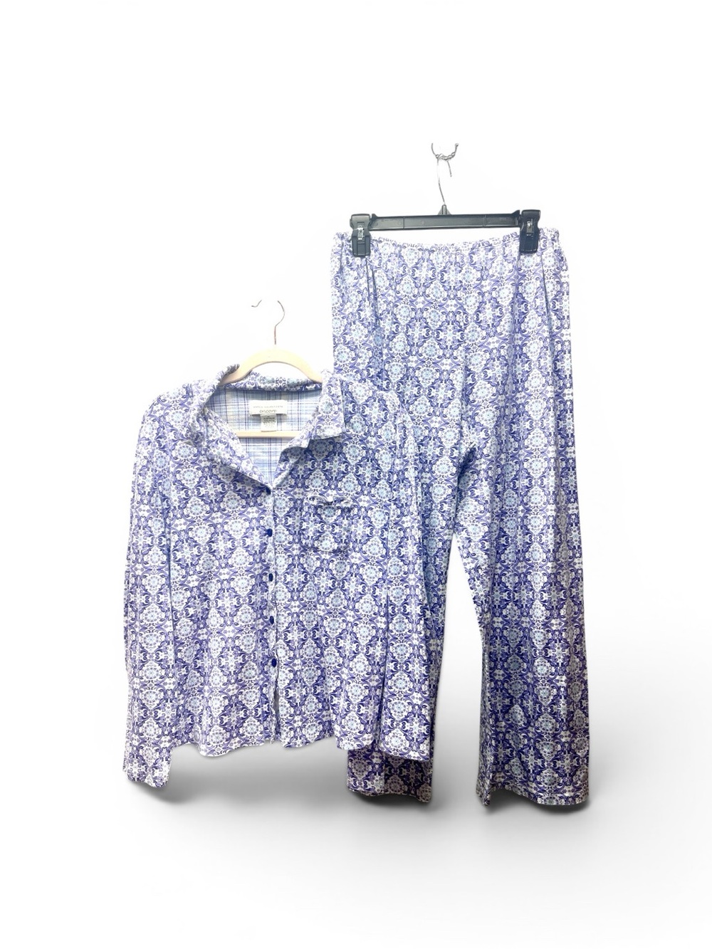 Karen Neuburger Encore Pajama Set XL Blue Purple Paisley Cotton Button Front